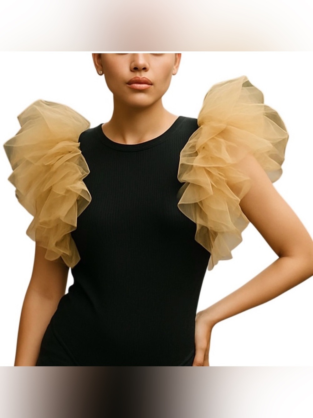 Zara Black Top Ruffled tulle Shoulders Sz M